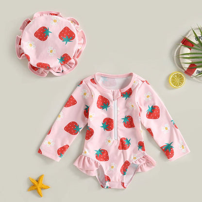 Maillot de bain bébé pour filles manches longues rose avec chapeau